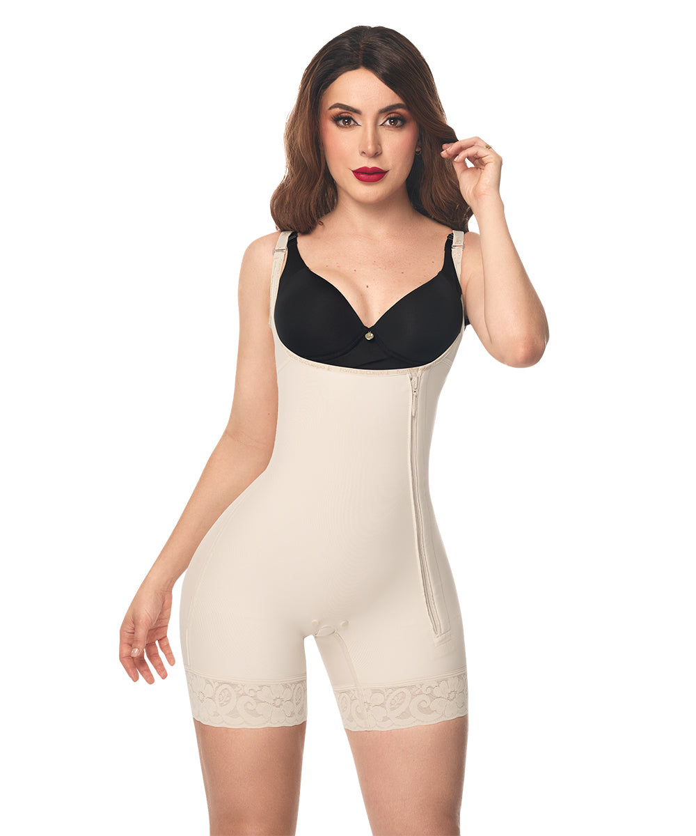 Medium Compression • Open Bust Bodysuit Mid Thigh • Straps • Lateral Zipper • Beige (Ref. C-001)