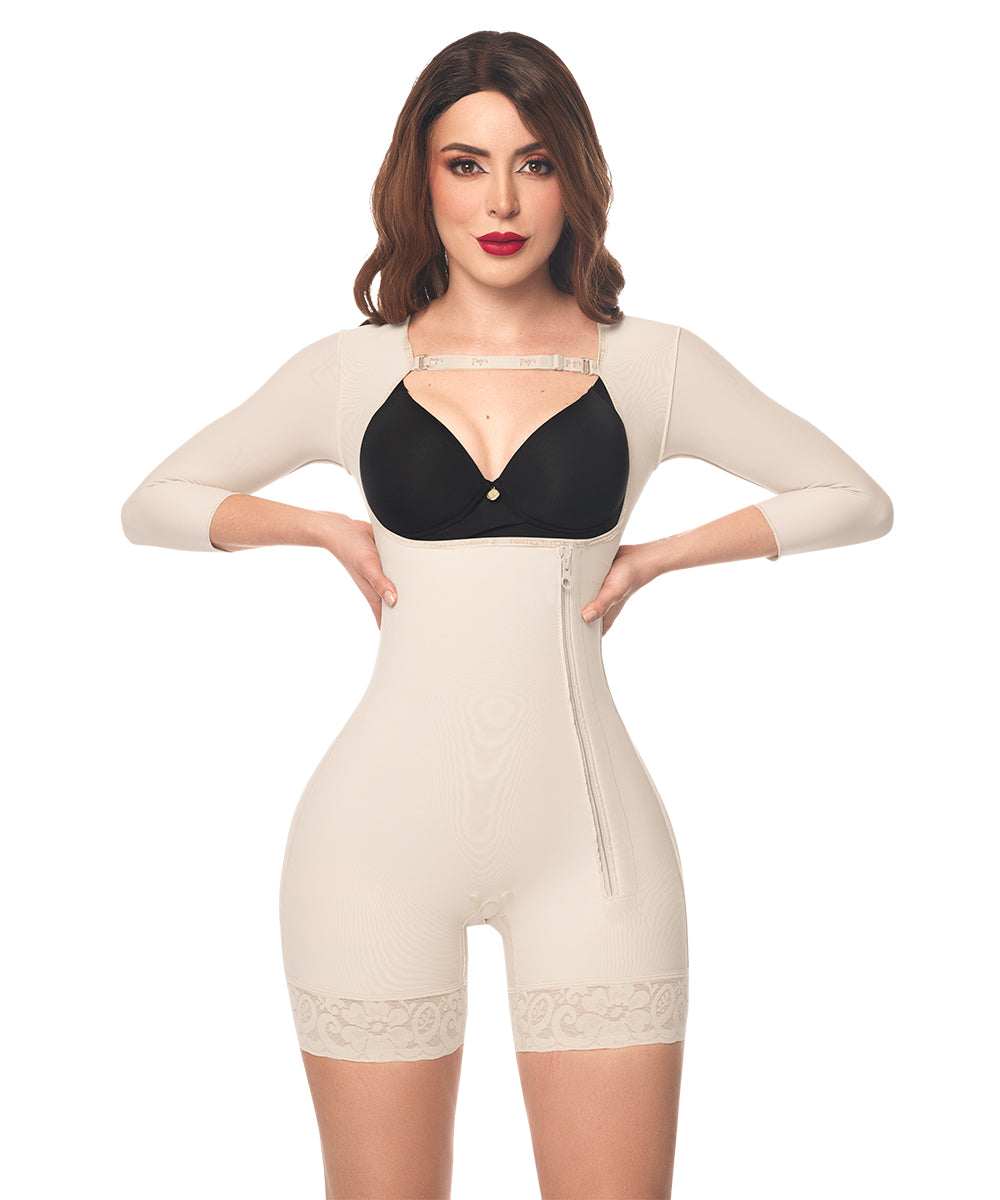 Medium Compression • Open Bust Bodysuit Mid Thigh • Long Sleeves • Lateral Zipper • Beige ( Ref. C-003 )