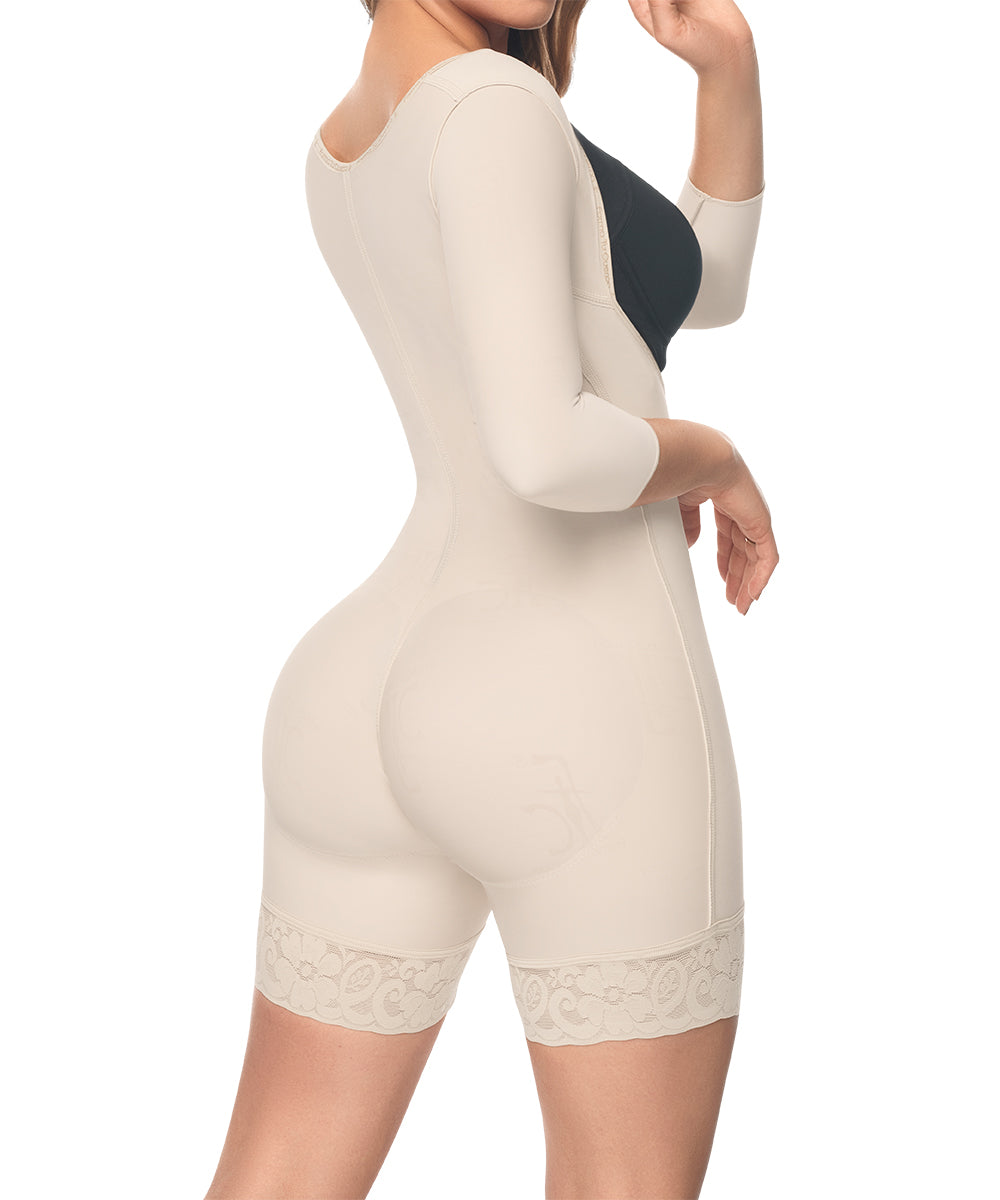 Medium Compression • Open Bust Bodysuit Mid Thigh • Long Sleeves • 3 Compression Hook Levels • Beige  ( Ref. C-004 )