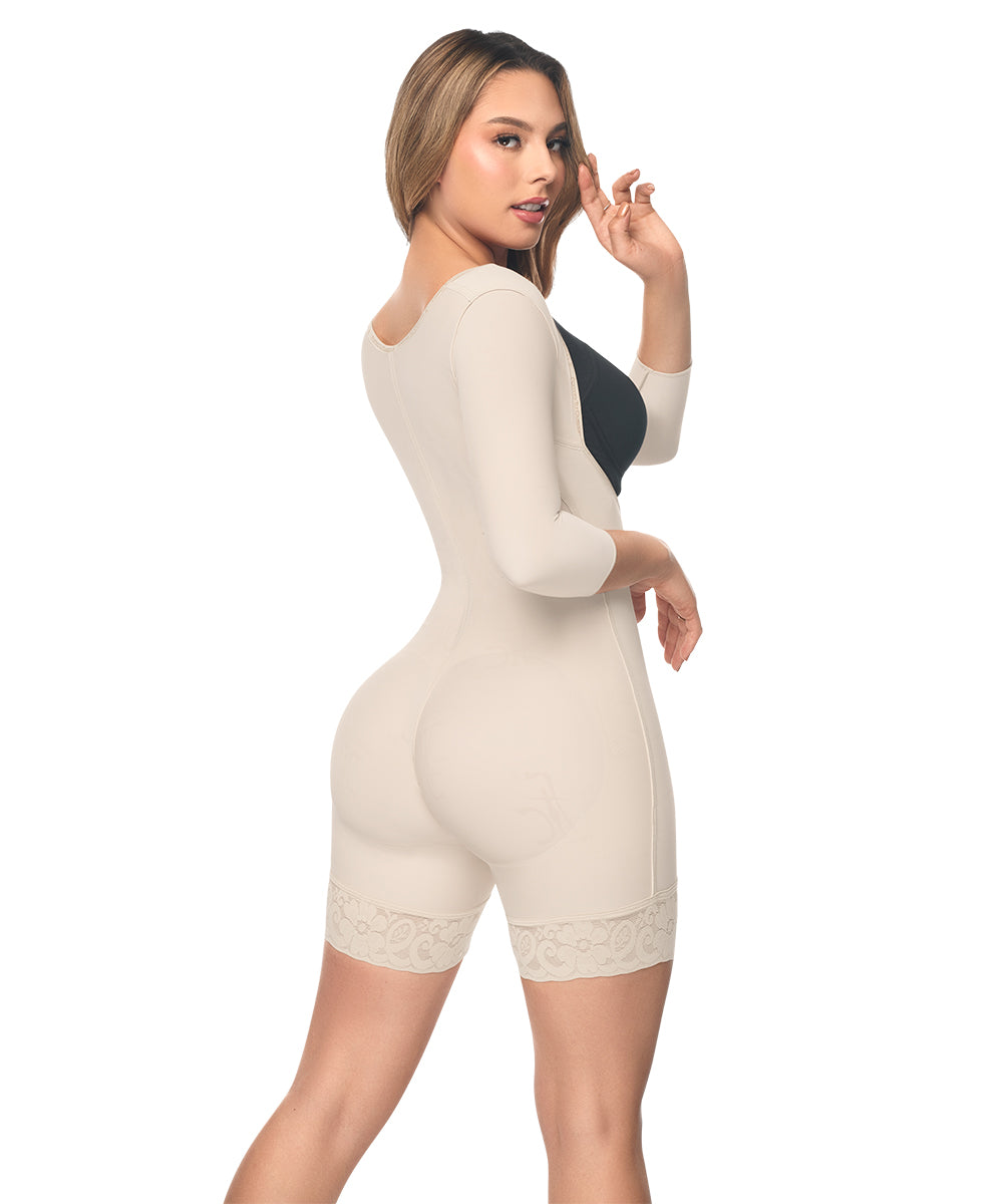 Medium Compression • Open Bust Bodysuit Mid Thigh • Long Sleeves • 3 Compression Hook Levels • Beige  ( Ref. C-004 )
