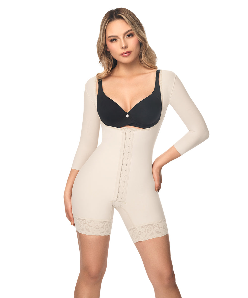 Medium Compression • Open Bust Bodysuit Mid Thigh • Long Sleeves • 3 Compression Hook Levels • Beige  ( Ref. C-004 )