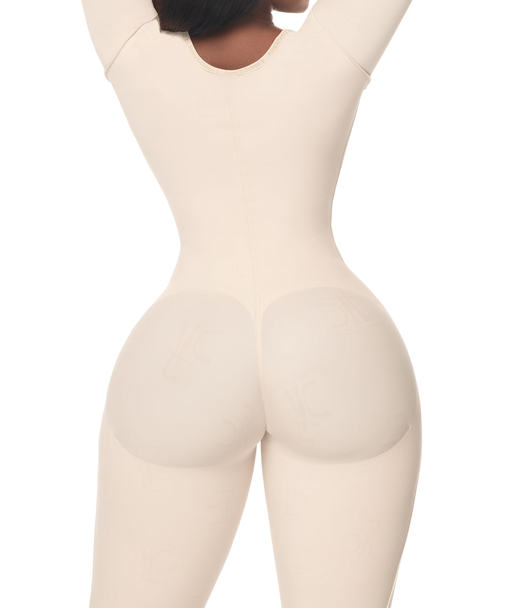 Medium Compression • Knee Length Open Bust Bodysuit • Long Sleeves • Lateral Zipper • Beige ( Ref. C-012 )
