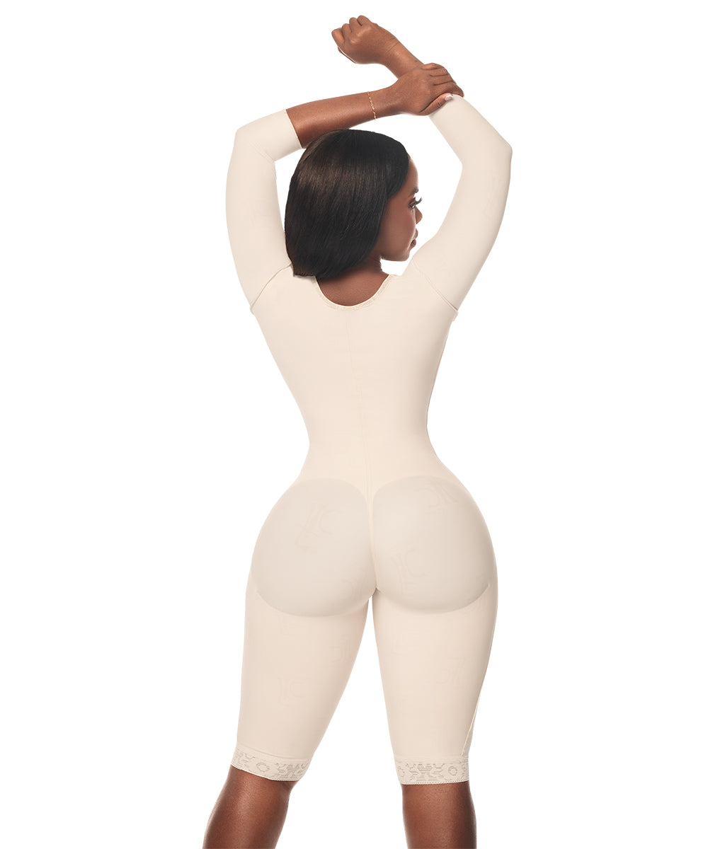 Medium Compression • Knee Length Open Bust Bodysuit • Long Sleeves • Lateral Zipper • Beige ( Ref. C-012 )