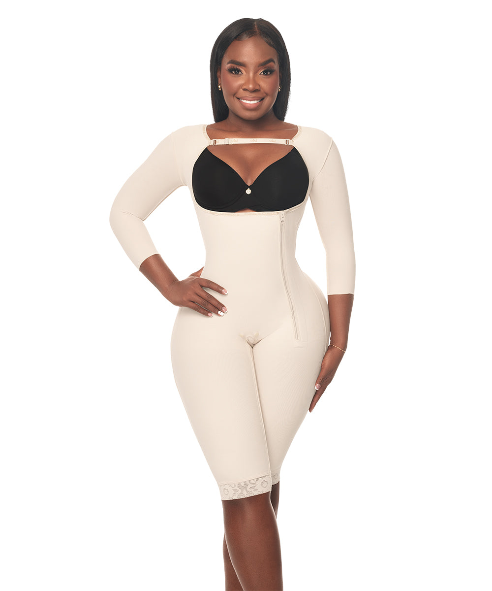 Medium Compression • Knee Length Open Bust Bodysuit • Long Sleeves • Lateral Zipper • Beige ( Ref. C-012 )