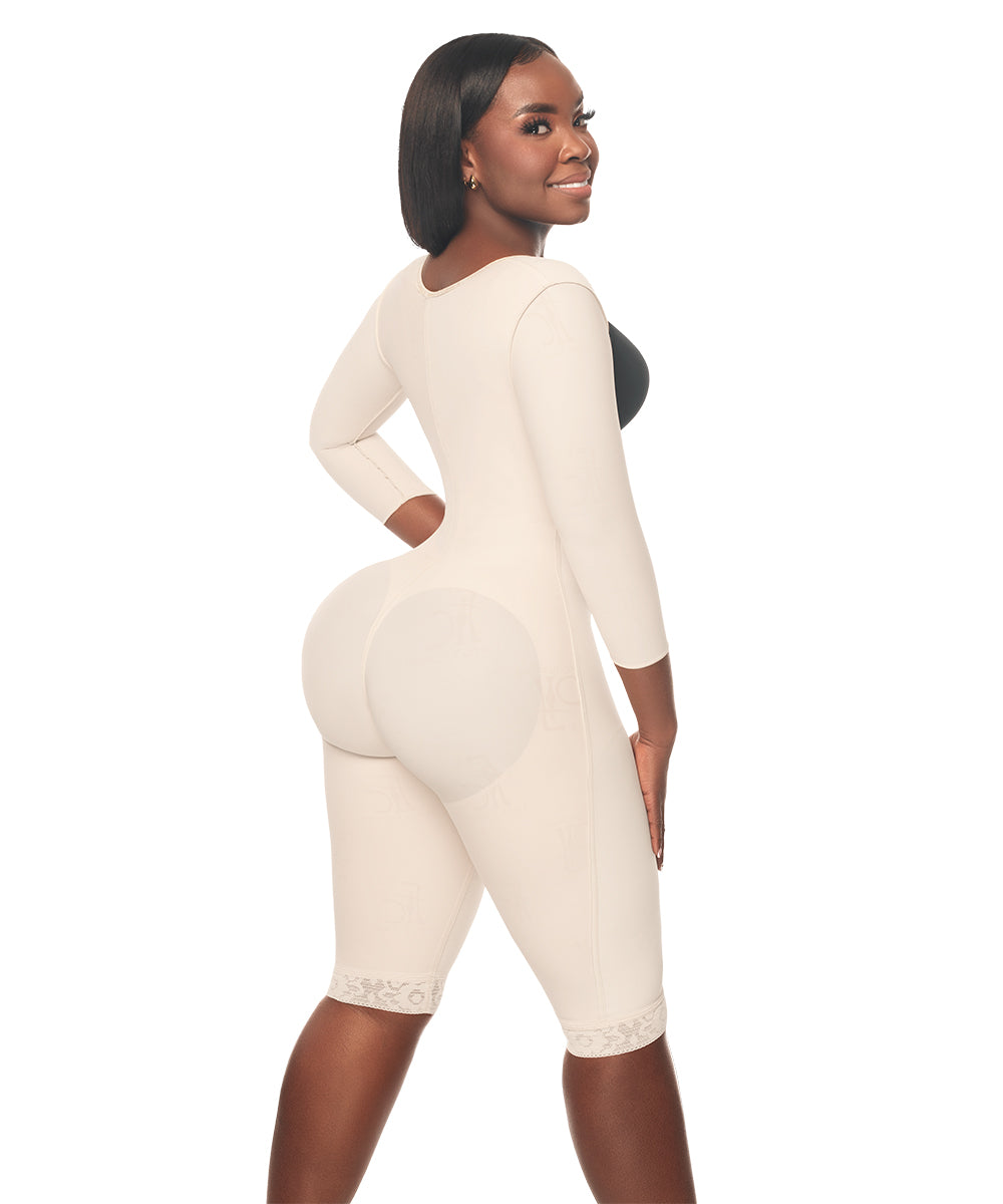 Medium Compression • Knee Length Open Bust Bodysuit • Long Sleeves • Lateral Zipper • Beige ( Ref. C-012 )