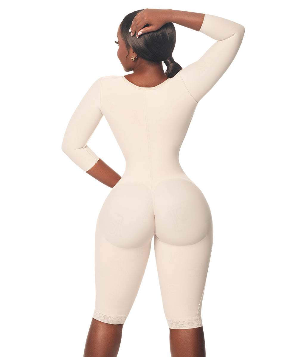 Medium Compression • Knee Length Open Bust Bodysuit • Long Sleeves • 3 Compression Hook Levels • Beige ( Ref. C-013 )