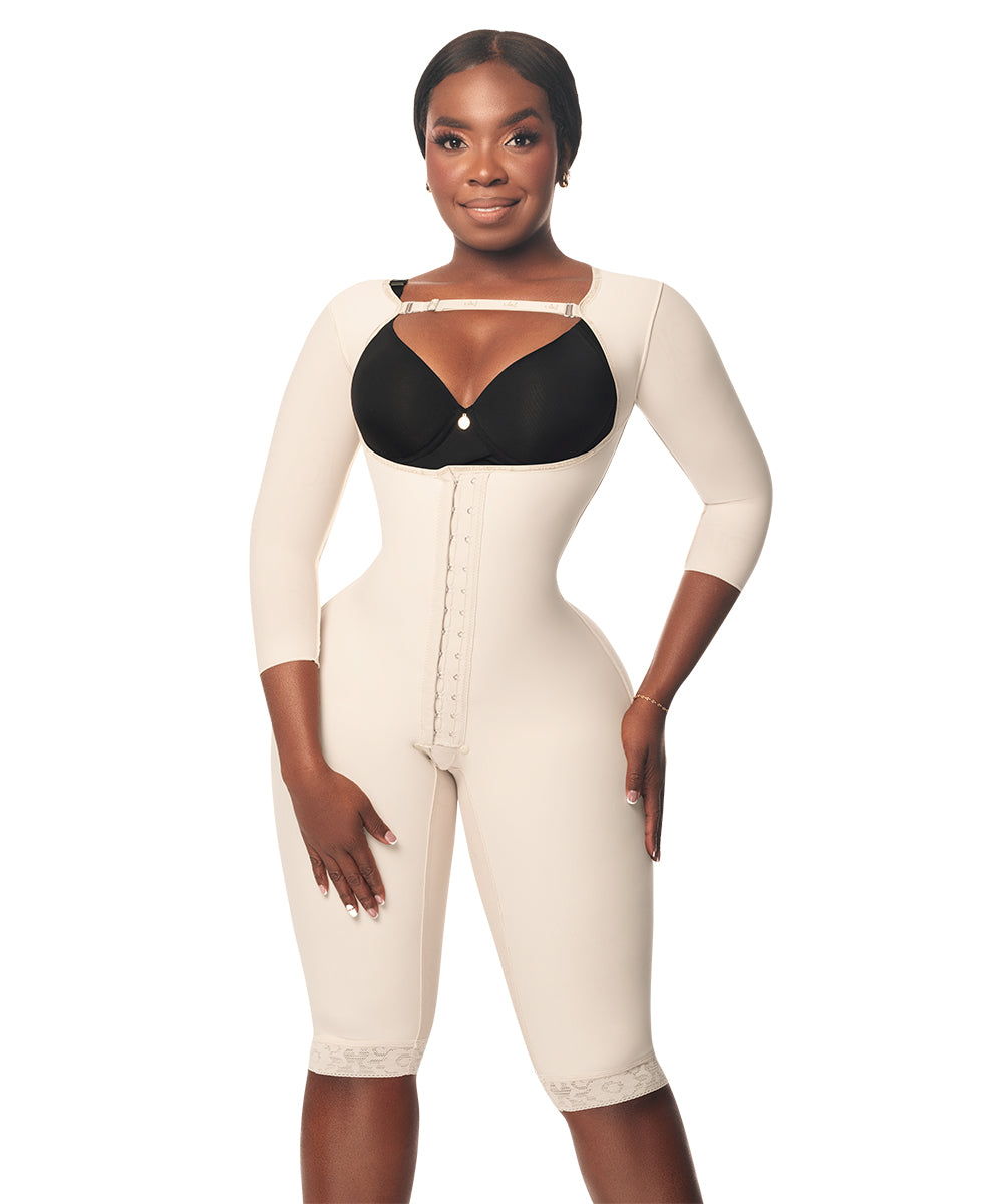 Medium Compression • Knee Length Open Bust Bodysuit • Long Sleeves • 3 Compression Hook Levels • Beige ( Ref. C-013 )