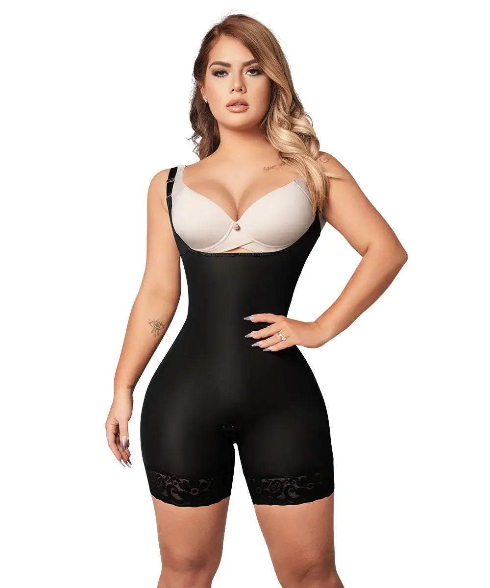 Seamless • Open Bust Bodysuit Mid Thigh • Straps • Beige  ( Ref. C-040 )