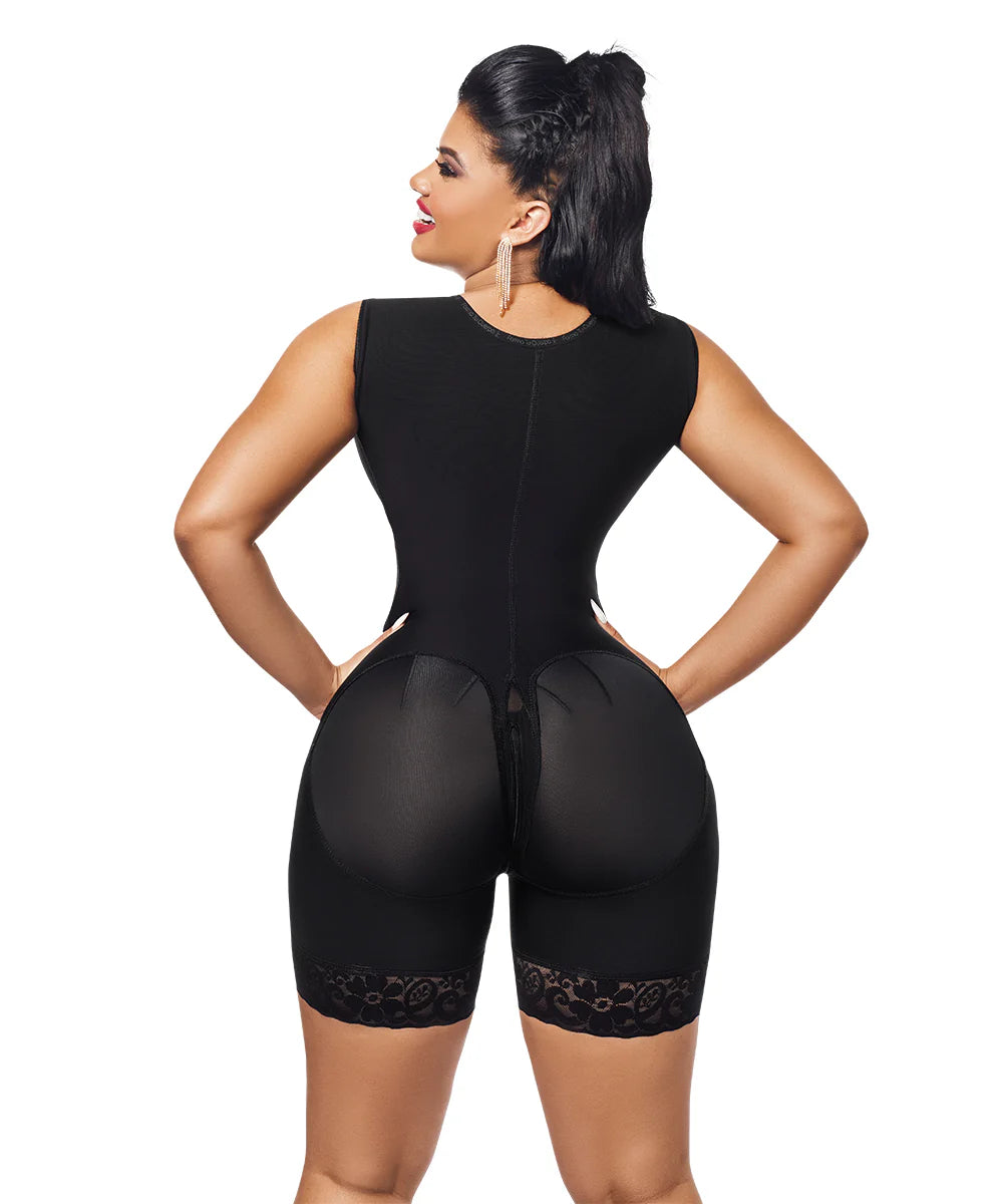 Mid Thigh Bodysuit With Bra • 3 Compression Hook Levels • Perineal Zipper • Black (One size for Hips and another for Waist) (REF. LUX - 293 / LUX - 093)