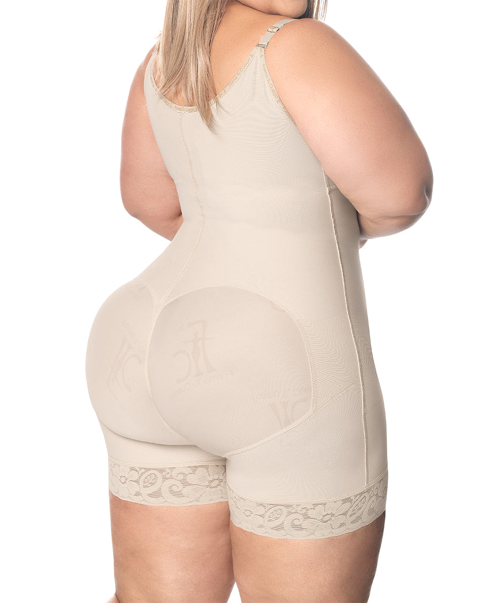 Open Bust Bodysuit Mid Thigh • Straps • Lateral Zipper • Beige • Black  ( Ref. O-010 / O-016 )