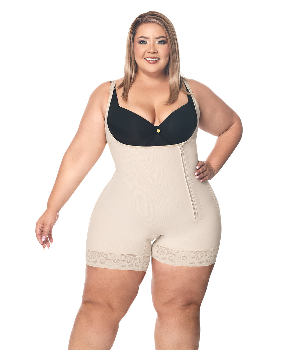 Open Bust Bodysuit Mid Thigh • Straps • Lateral Zipper • Beige • Black  ( Ref. O-010 / O-016 )