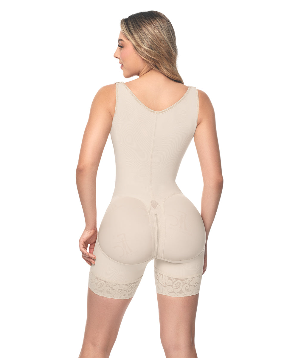 Open Bust Bodysuit Mid Thigh • Wide Straps • 3 Compression Hook Levels • Perineal Zipper • Beige  ( Ref. O-013 )