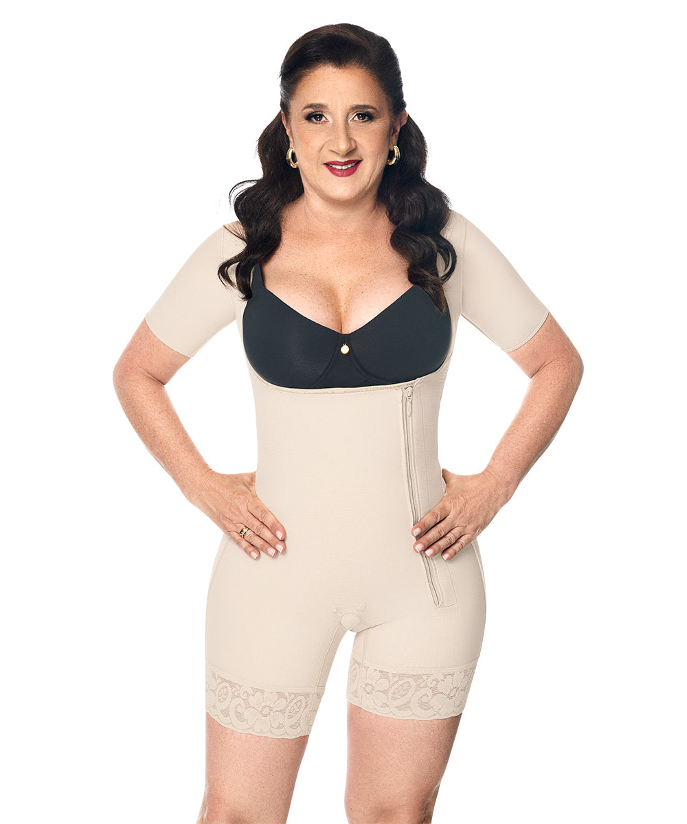 Open Bust Bodysuit Mid Thigh • Short Sleeves • Lateral Zipper • Beige  • Black ( Ref. O-014 / O-017 )