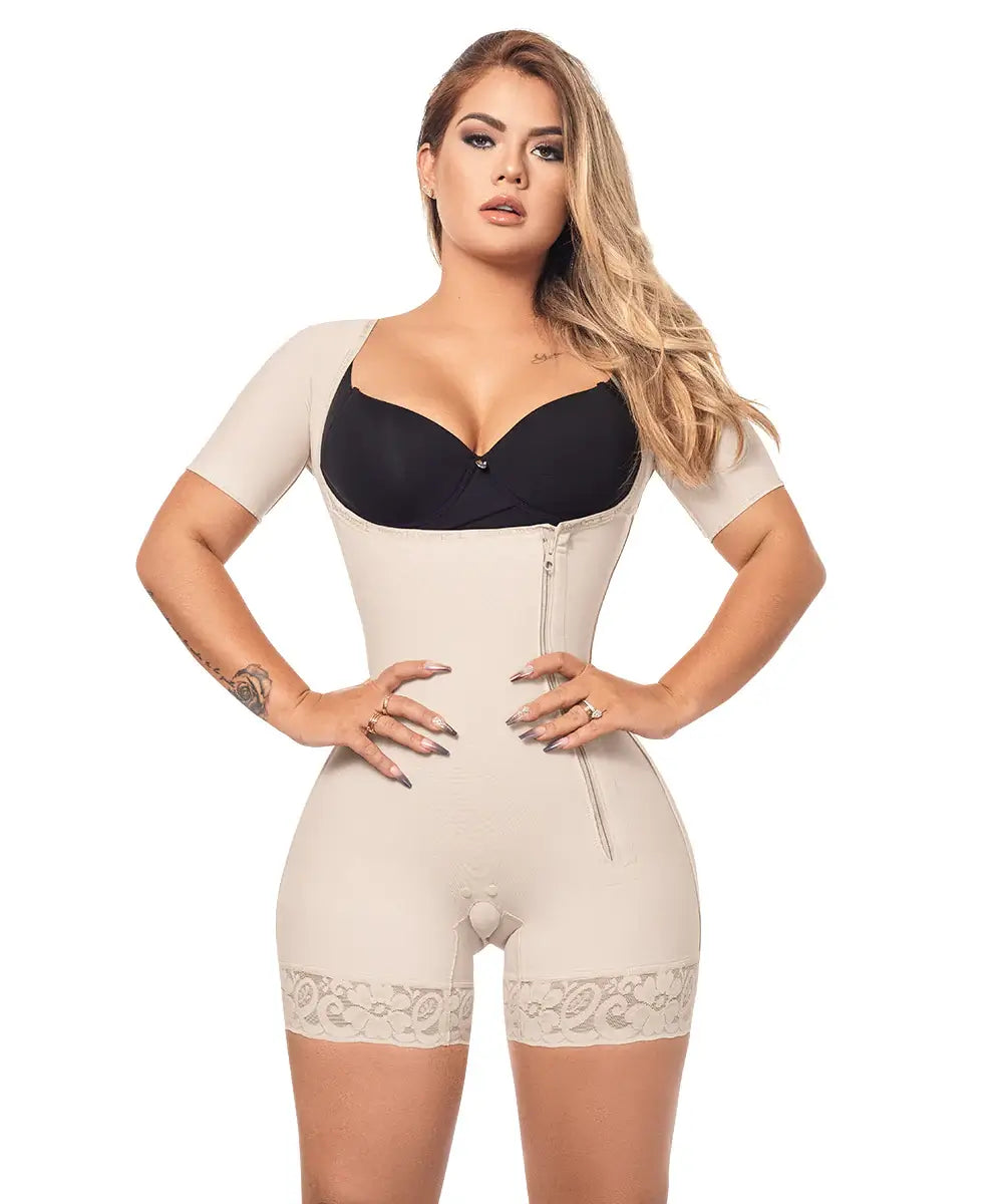 Open Bust Bodysuit Mid Thigh • Short Sleeves • Lateral Zipper • Beige ( Ref. O-014 )