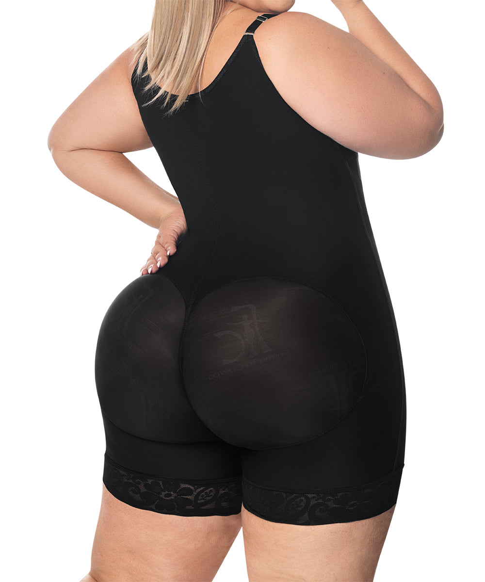 Open Bust Bodysuit Mid Thigh • Straps • Lateral Zipper • Beige • Black  ( Ref. O-010 / O-016 )