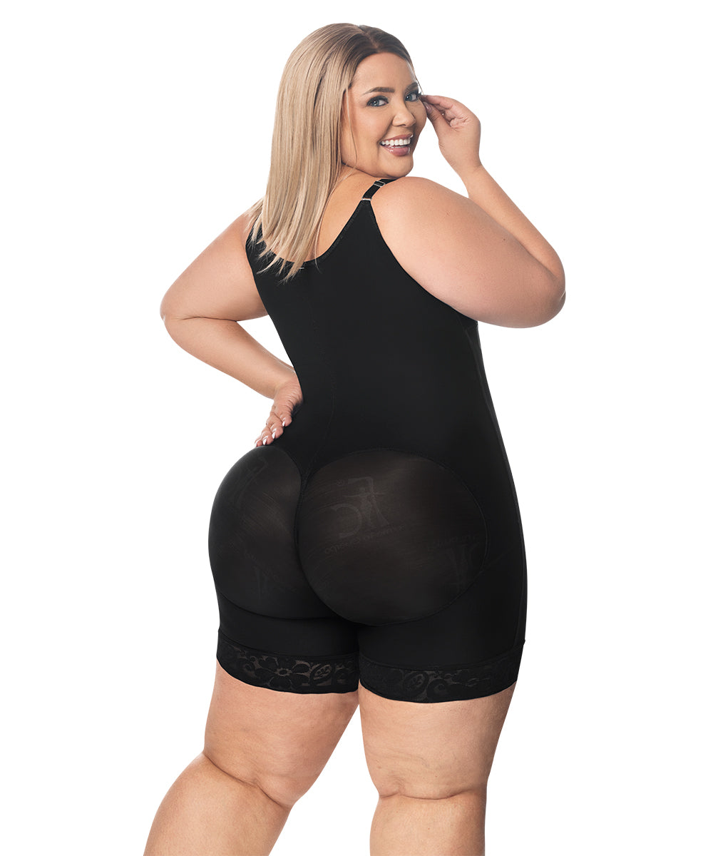 Open Bust Bodysuit Mid Thigh • Straps • Lateral Zipper • Beige • Black  ( Ref. O-010 / O-016 )