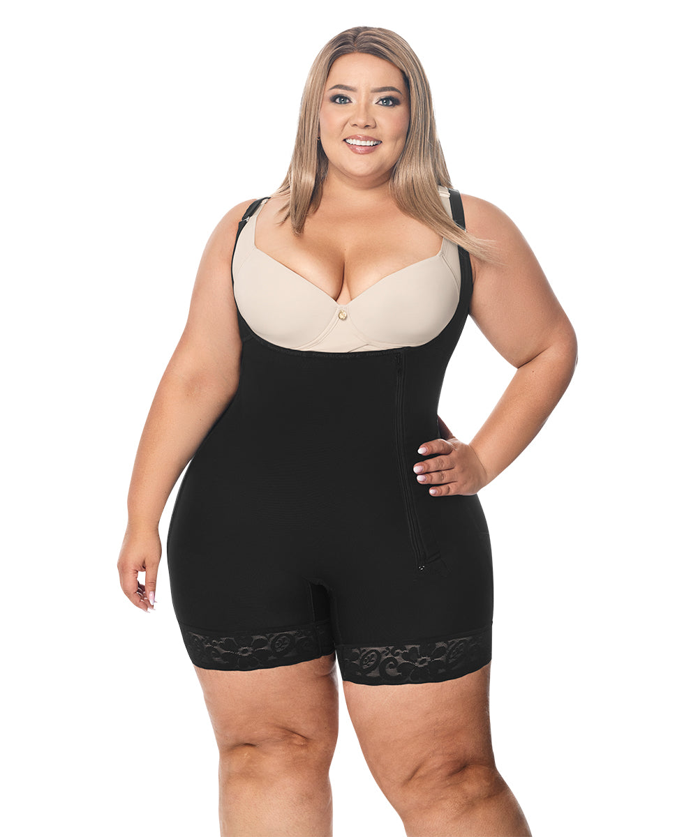 Open Bust Bodysuit Mid Thigh • Straps • Lateral Zipper • Beige • Black  ( Ref. O-010 / O-016 )