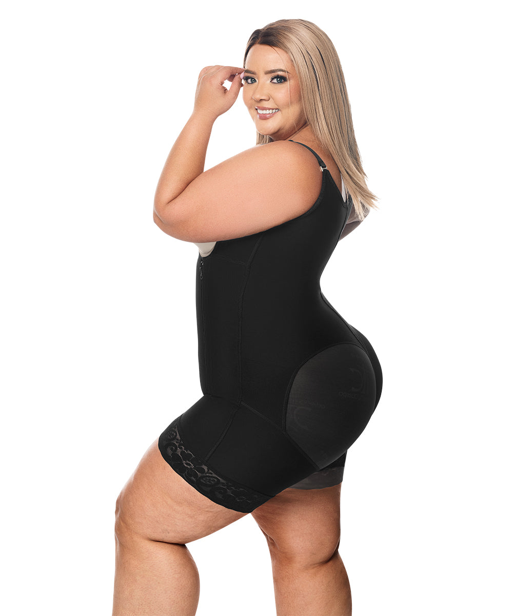 Open Bust Bodysuit Mid Thigh • Straps • Lateral Zipper • Beige • Black  ( Ref. O-010 / O-016 )