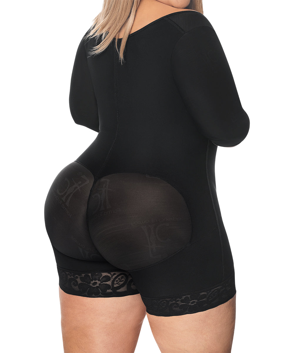 Open Bust Bodysuit Mid Thigh • Short Sleeves • Lateral Zipper • Beige  • Black ( Ref. O-014 / O-017 )