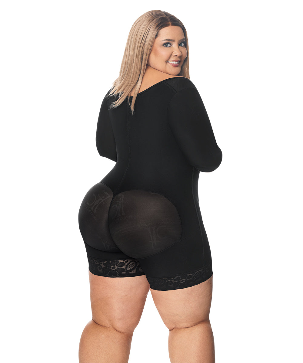 Open Bust Bodysuit Mid Thigh • Short Sleeves • Lateral Zipper • Beige  • Black ( Ref. O-014 / O-017 )