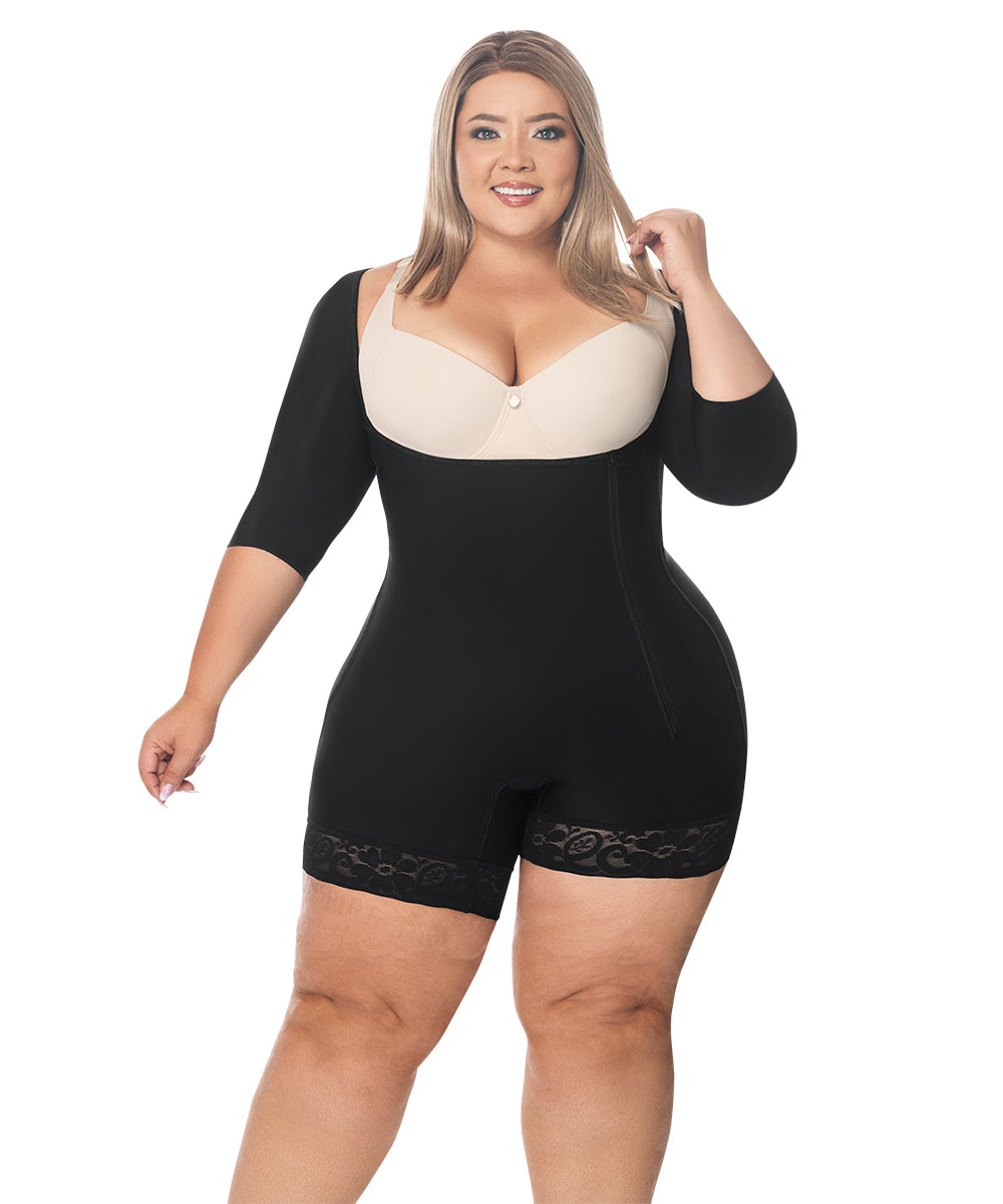 Open Bust Bodysuit Mid Thigh • Short Sleeves • Lateral Zipper • Beige  • Black ( Ref. O-014 / O-017 )