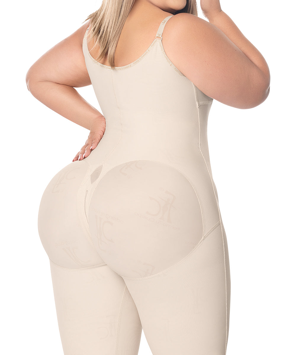 Knee Length Open Bust Bodysuit • Straps • 3 Compression Hook Levels • Perineal Zipper • Beige  ( Ref. O-021 )