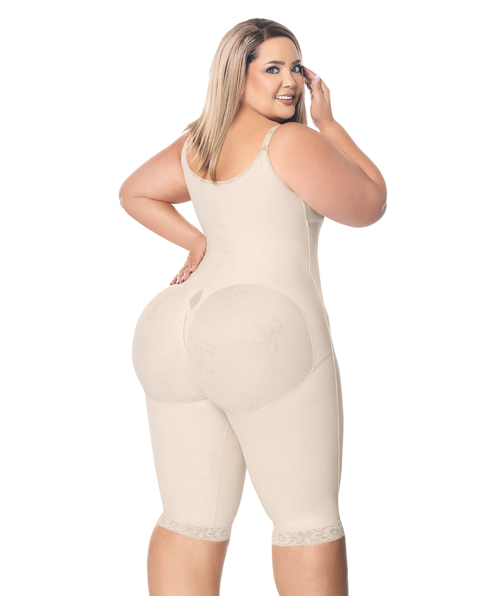 Knee Length Open Bust Bodysuit • Straps • 3 Compression Hook Levels • Perineal Zipper • Beige  ( Ref. O-021 )
