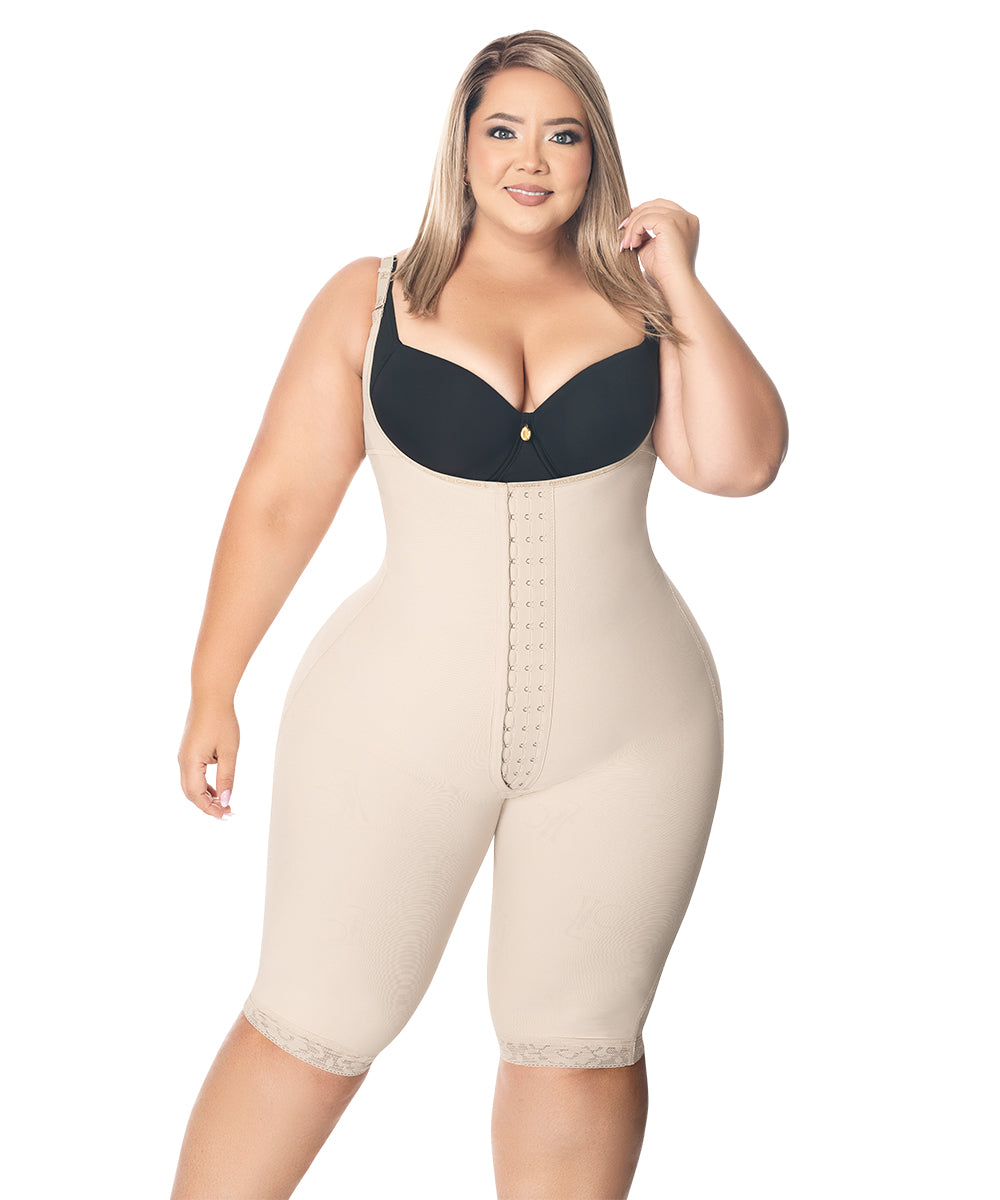 Knee Length Open Bust Bodysuit • Straps • 3 Compression Hook Levels • Perineal Zipper • Beige  ( Ref. O-021 )