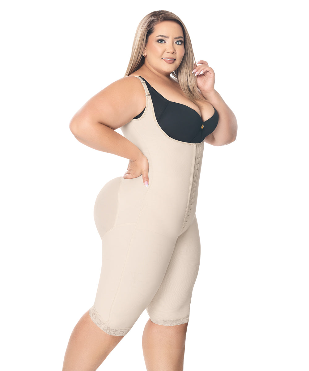 Knee Length Open Bust Bodysuit • Straps • 3 Compression Hook Levels • Perineal Zipper • Beige  ( Ref. O-021 )