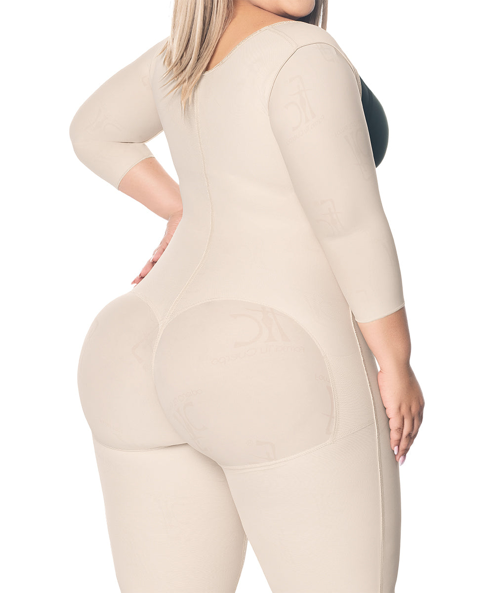 Knee Length Open Bust Bodysuit • Short Sleeves • Lateral Zipper • Beige ( Ref. O-024 )