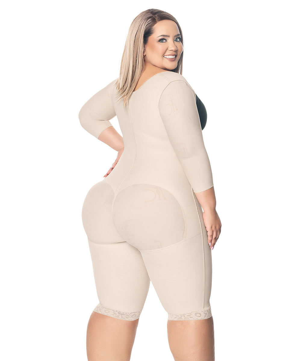 Knee Length Open Bust Bodysuit • Short Sleeves • Lateral Zipper • Beige ( Ref. O-024 )
