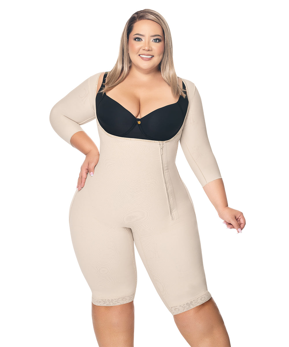 Knee Length Open Bust Bodysuit • Short Sleeves • Lateral Zipper • Beige ( Ref. O-024 )