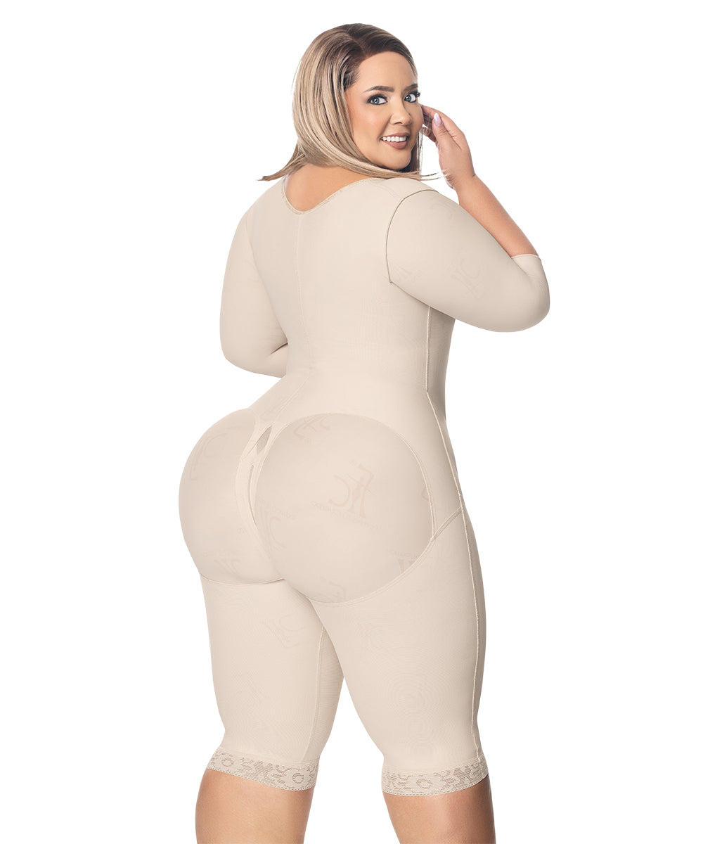 Knee Length Open Bust Bodysuit • Long Sleeves • 3 Compression Hook Levels • Perineal Zipper • Beige • Black ( Ref. O-025 / O-225 )