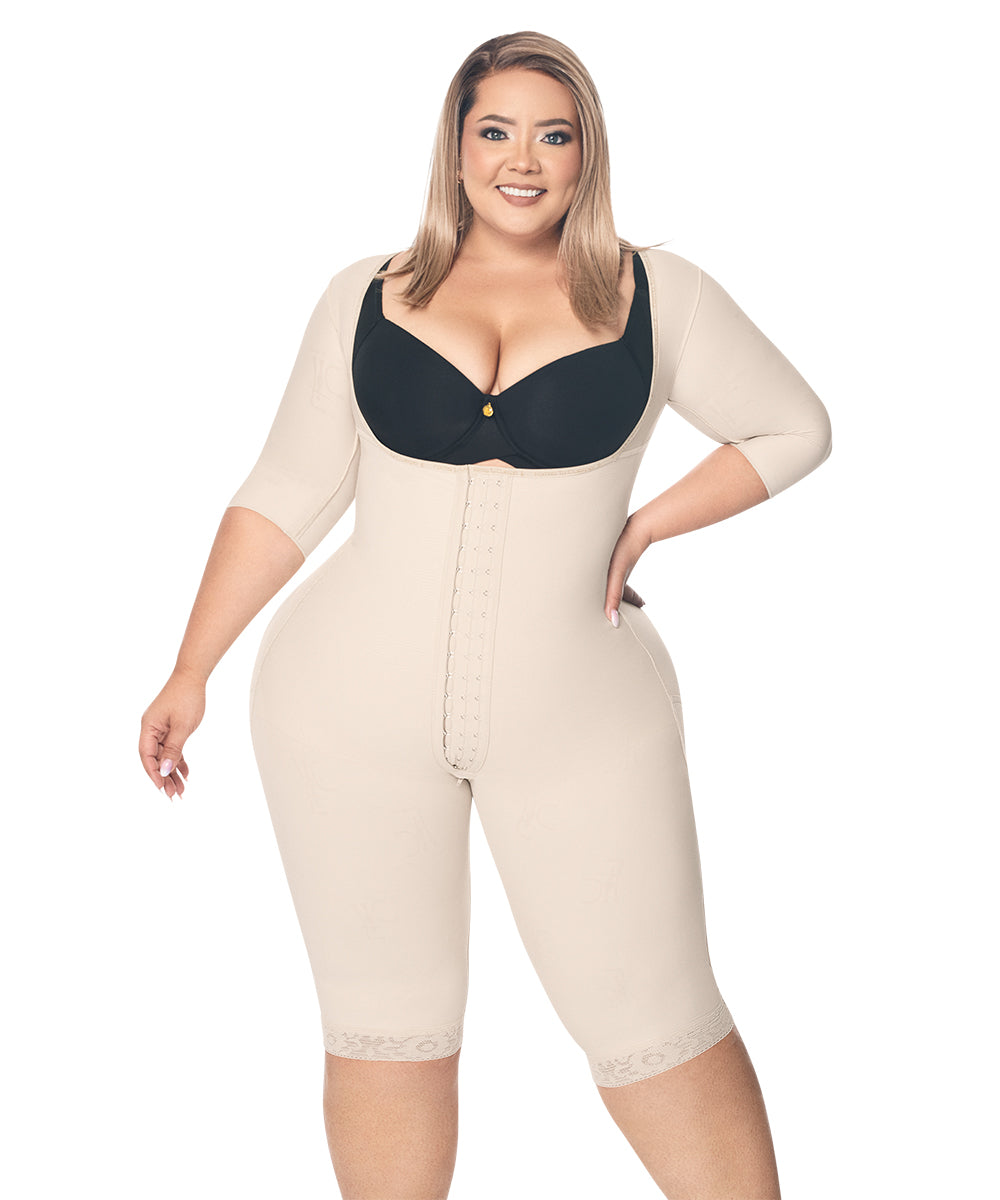 Knee Length Open Bust Bodysuit • Long Sleeves • 3 Compression Hook Levels • Perineal Zipper • Beige • Black ( Ref. O-025 / O-225 )