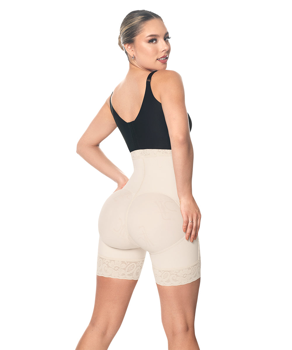 Strapless Bodysuit Open Bust Mid Thigh • Lateral Zipper • Beige  (Ref. O-050)