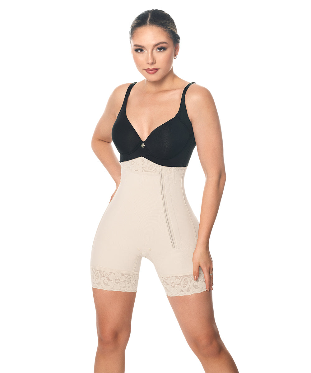 Strapless Bodysuit Open Bust Mid Thigh • Lateral Zipper • Beige  (Ref. O-050)