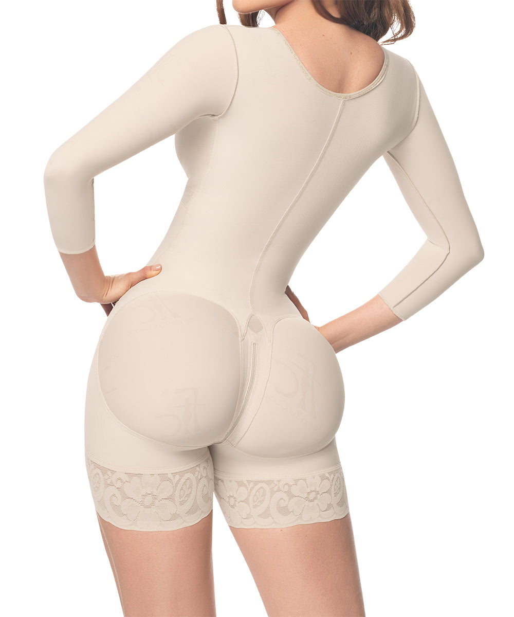 Mid Thigh Bodysuit With Bra • Long Sleeves • 3 Compression Hook Levels • Perineal Zipper • Beige ( Ref. O-093 )