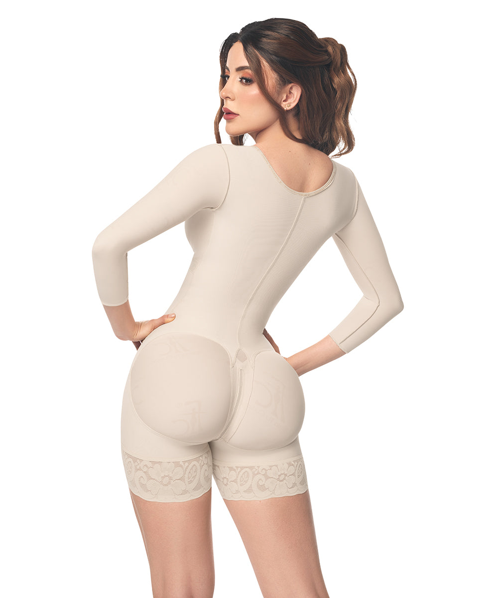 Mid Thigh Bodysuit With Bra • Long Sleeves • 3 Compression Hook Levels • Perineal Zipper • Beige ( Ref. O-093 )