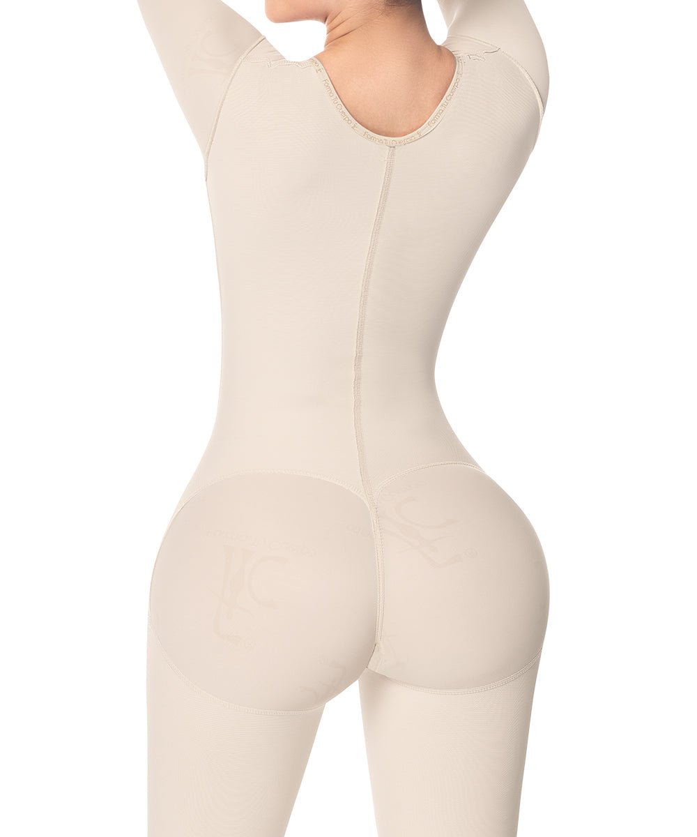 Knee Length Bodysuit With Bra • Long Sleeves • Lateral Zipper • Beige  ( Ref. O-102 )
