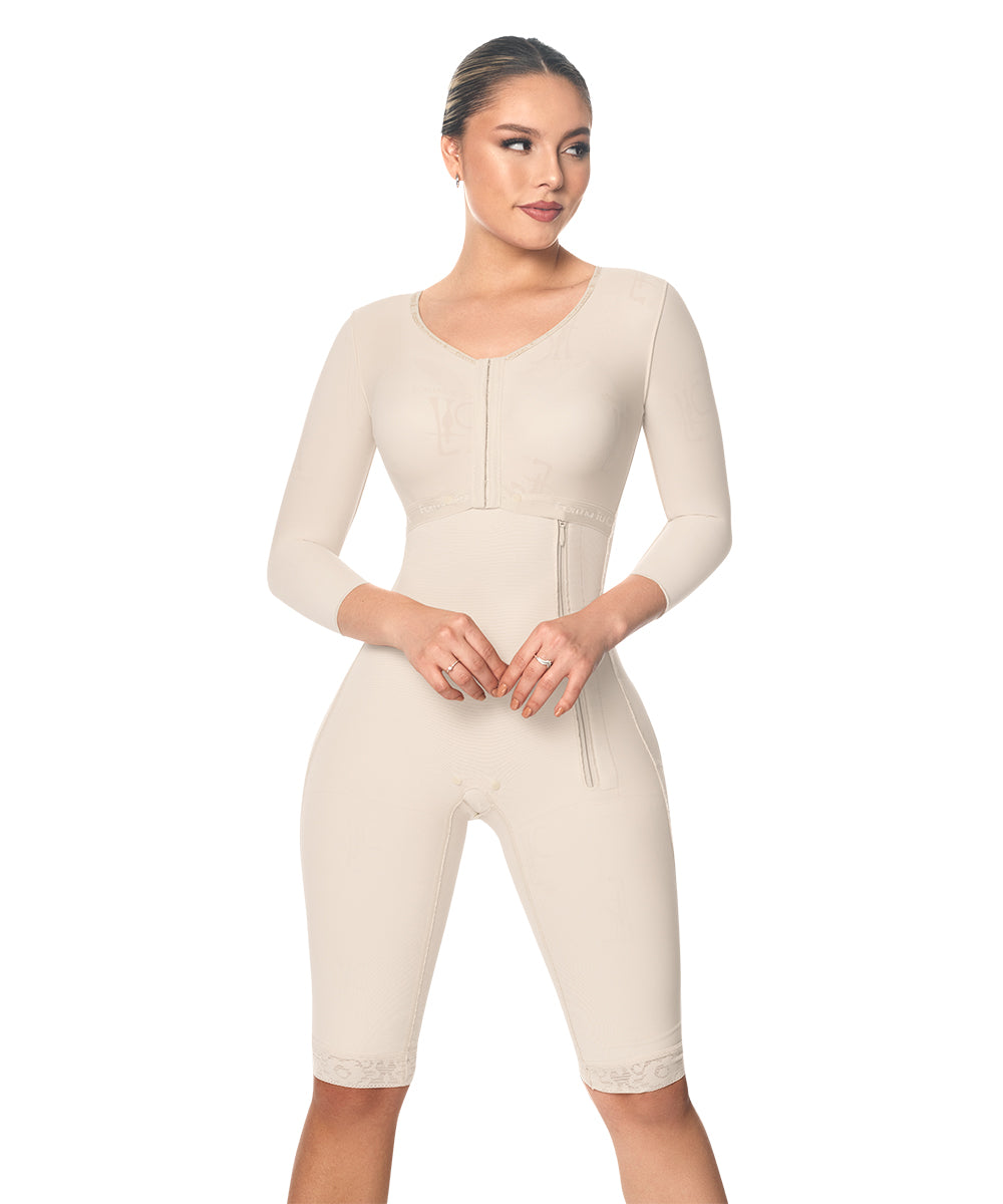 Knee Length Bodysuit With Bra • Long Sleeves • Lateral Zipper • Beige  ( Ref. O-102 )