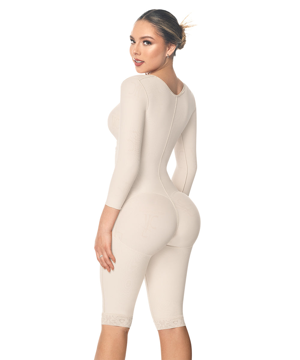 Knee Length Bodysuit With Bra • Long Sleeves • Lateral Zipper • Beige  ( Ref. O-102 )