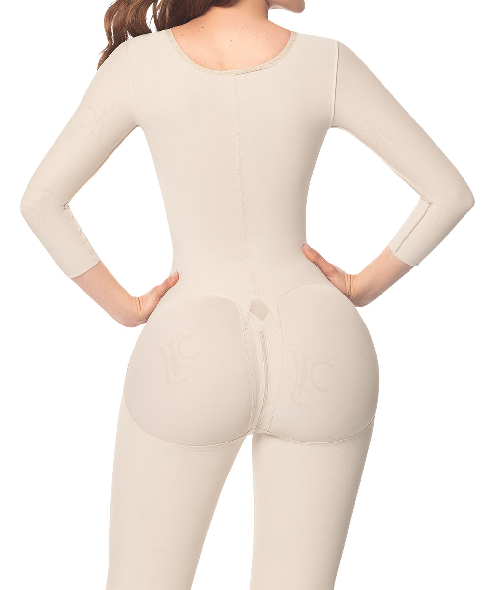Knee Length Bodysuit With Bra • Long Sleeves • 3 Compression Hook Levels • Perineal Zipper • Beige  ( Ref. O-103 )