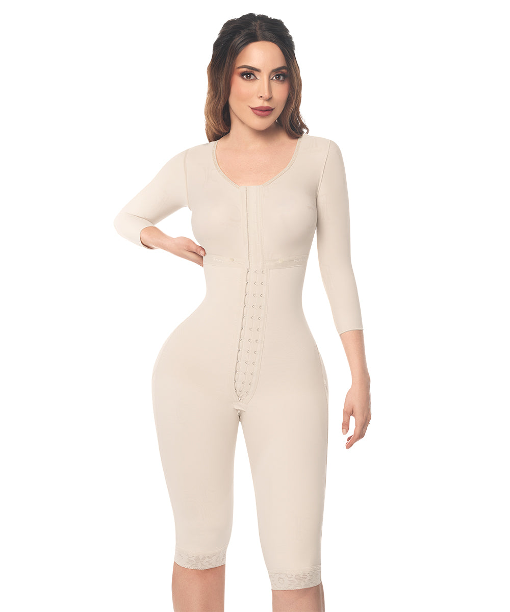 Knee Length Bodysuit With Bra • Long Sleeves • 3 Compression Hook Levels • Perineal Zipper • Beige  ( Ref. O-103 )