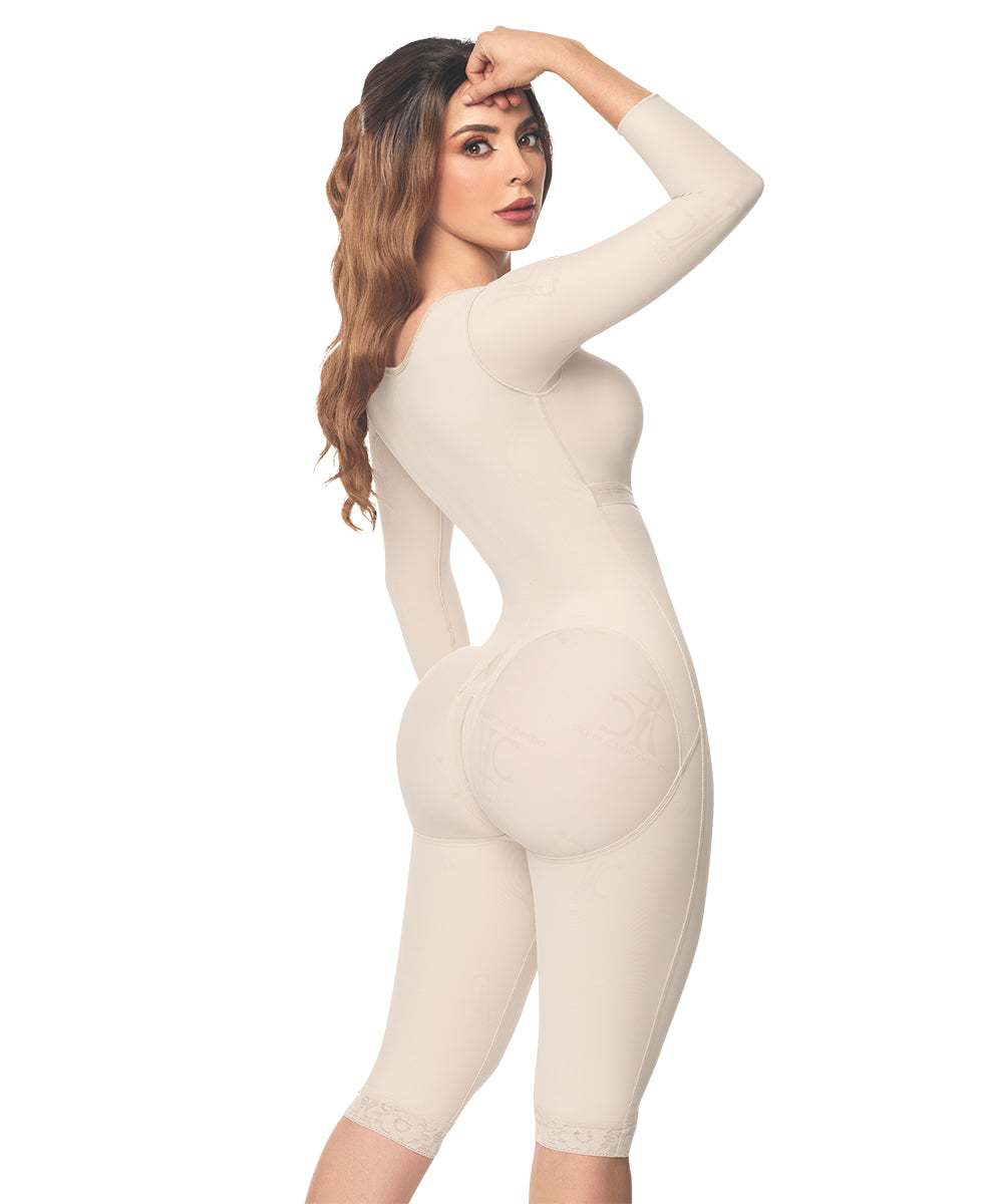 Knee Length Bodysuit With Bra • Long Sleeves • 3 Compression Hook Levels • Perineal Zipper • Beige  ( Ref. O-103 )