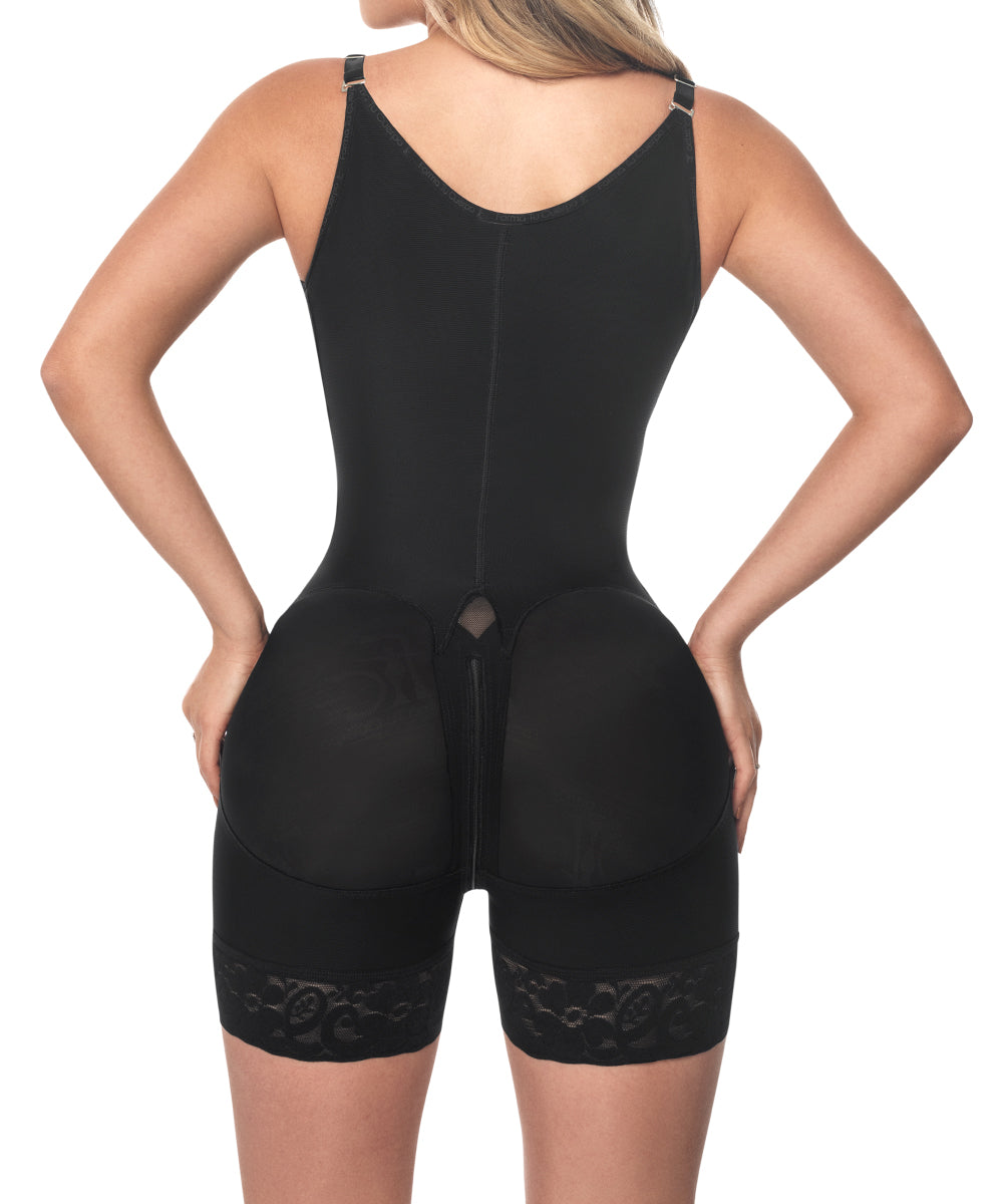 Open Bust Bodysuit Mid Thigh • Straps • 3 Compression Hook Levels • Perineal Zipper • Beige • Black  (Ref. O-011 / O-211 )
