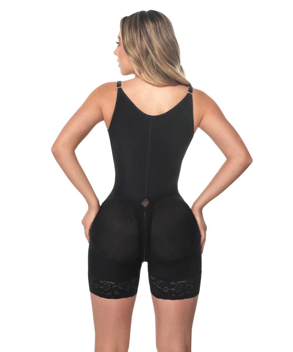 Open Bust Bodysuit Mid Thigh • Straps • 3 Compression Hook Levels • Perineal Zipper • Beige • Black  (Ref. O-011 / O-211 )