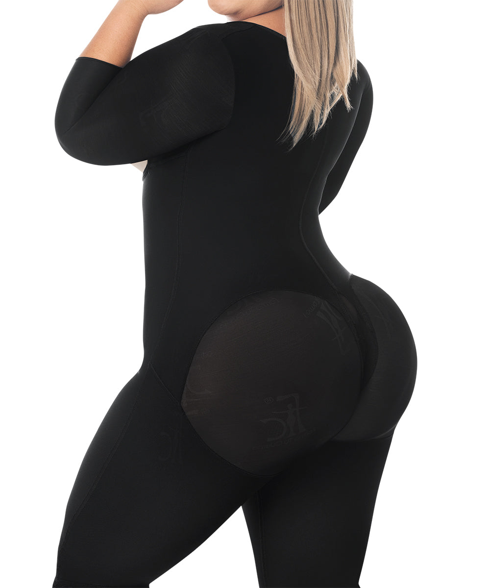 Knee Length Open Bust Bodysuit • Long Sleeves • 3 Compression Hook Levels • Perineal Zipper • Beige • Black ( Ref. O-025 / O-225 )