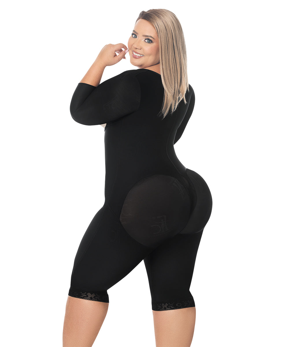 Knee Length Open Bust Bodysuit • Long Sleeves • 3 Compression Hook Levels • Perineal Zipper • Beige • Black ( Ref. O-025 / O-225 )
