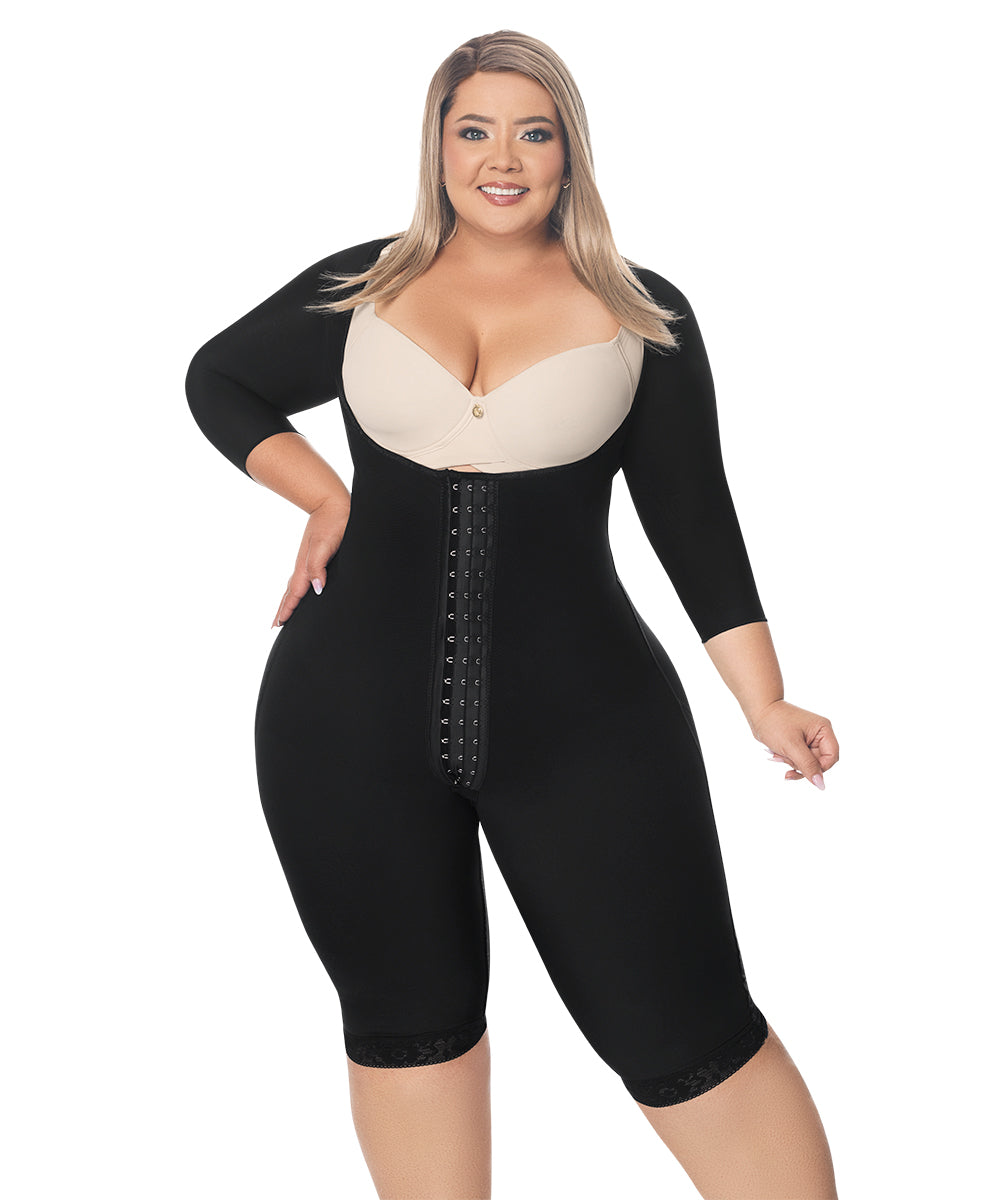Knee Length Open Bust Bodysuit • Long Sleeves • 3 Compression Hook Levels • Perineal Zipper • Beige • Black ( Ref. O-025 / O-225 )