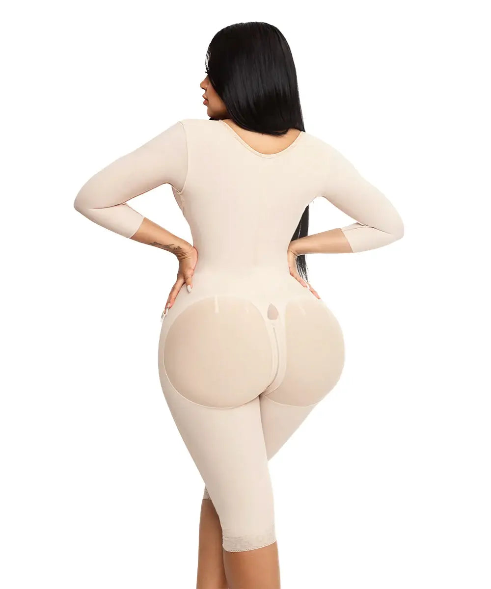 Knee Length Open Bust Bodysuit • Long Sleeves • 3 Compression Hook Levels • Perineal Zipper • Beige ( Ref. O-025 )